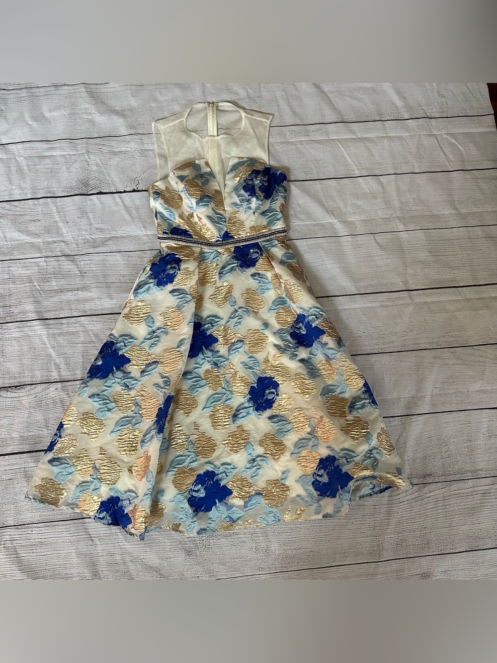 Nicole Miller New York Floral Jacquard Midi Dress Size 2 Blue Gold